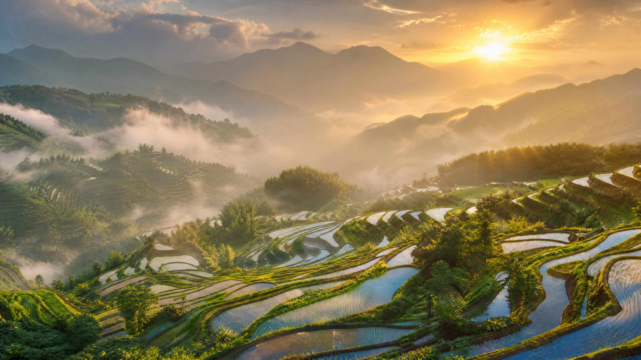 晨雾梯田与﻿柴火饭慢视频背景